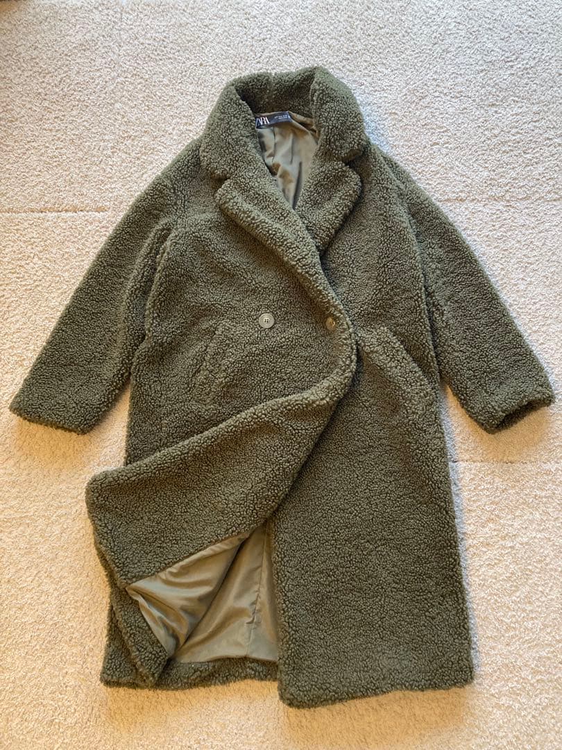 美品　ZARA ディディベアコート　ロング丈　カーキ