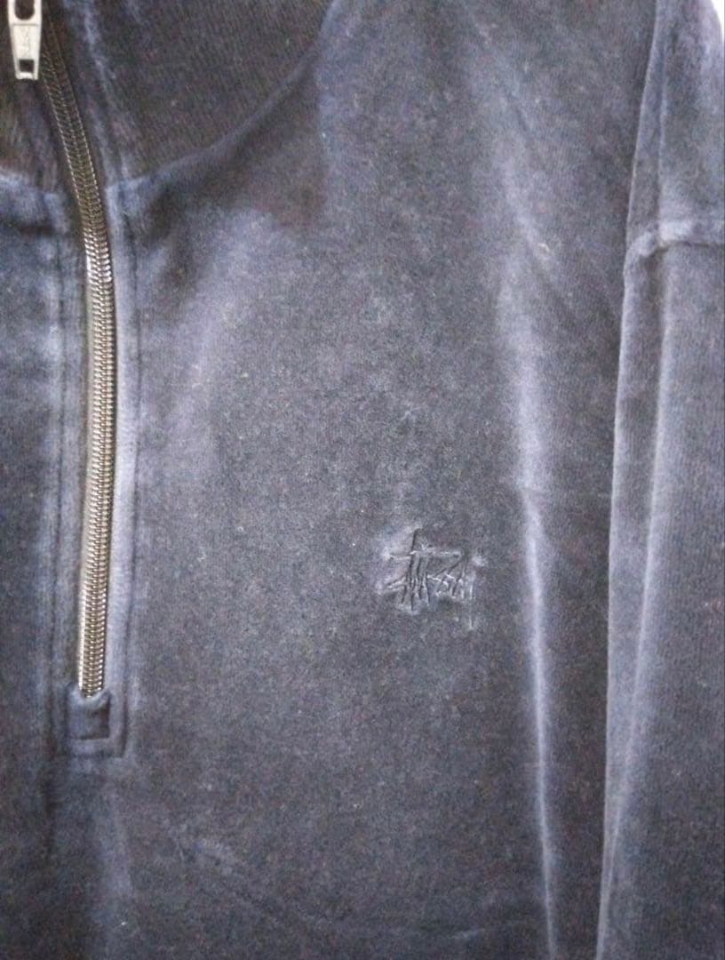 ステューシー　ベロア　刺繍ロゴ　stussy　ハーフジップ　プルオーバー
