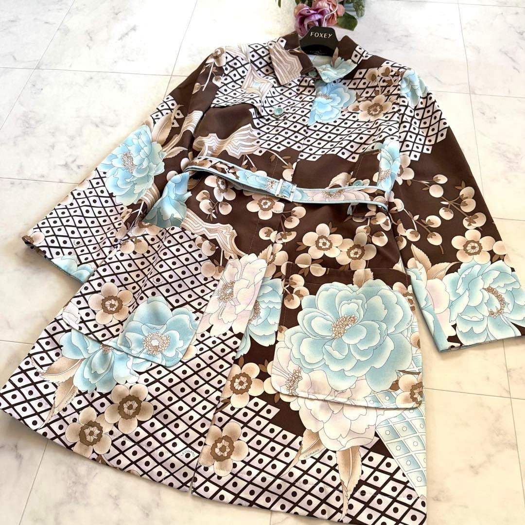 美品★レオナール シルク100% ロングコート ベルト付 美麗花柄 トリム 40