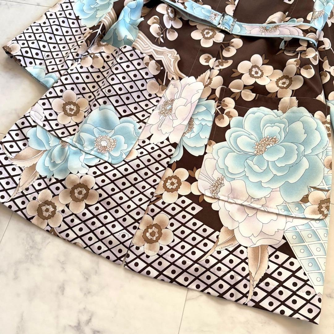 美品★レオナール シルク100% ロングコート ベルト付 美麗花柄 トリム 40