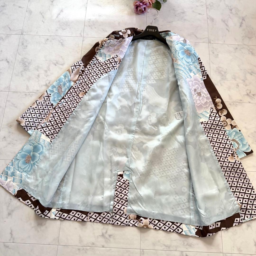 美品★レオナール シルク100% ロングコート ベルト付 美麗花柄 トリム 40