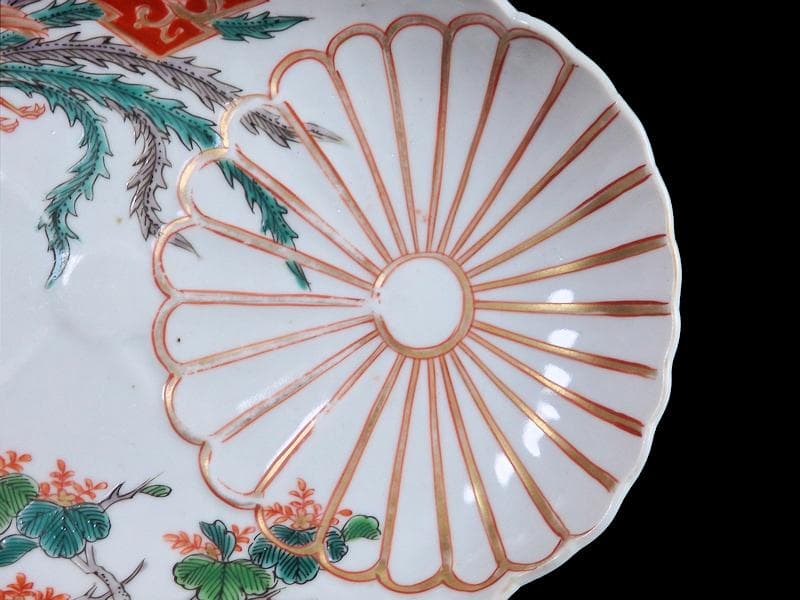 古伊万里　金襴手　陽刻　桐に鳳凰　菊の図　楕円長皿　F054AS-fbvo