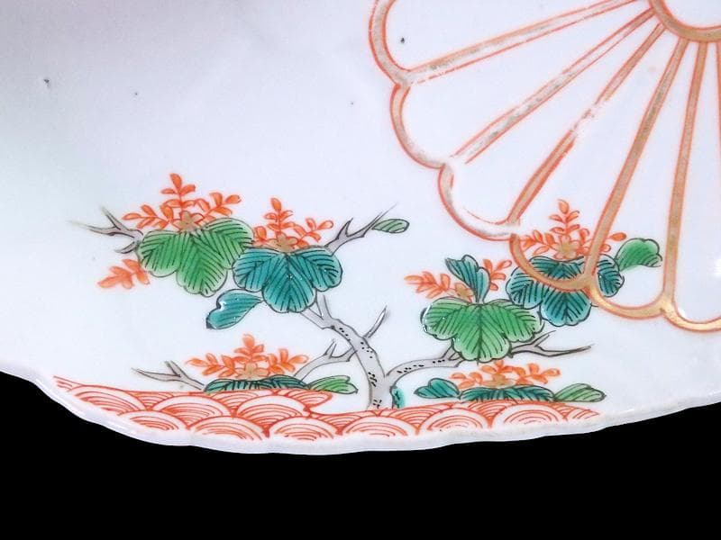 古伊万里　金襴手　陽刻　桐に鳳凰　菊の図　楕円長皿　F054AS-fbvo