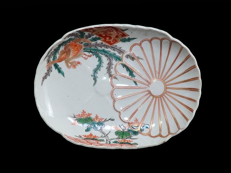 古伊万里　金襴手　陽刻　桐に鳳凰　菊の図　楕円長皿　F054AS-fbvo