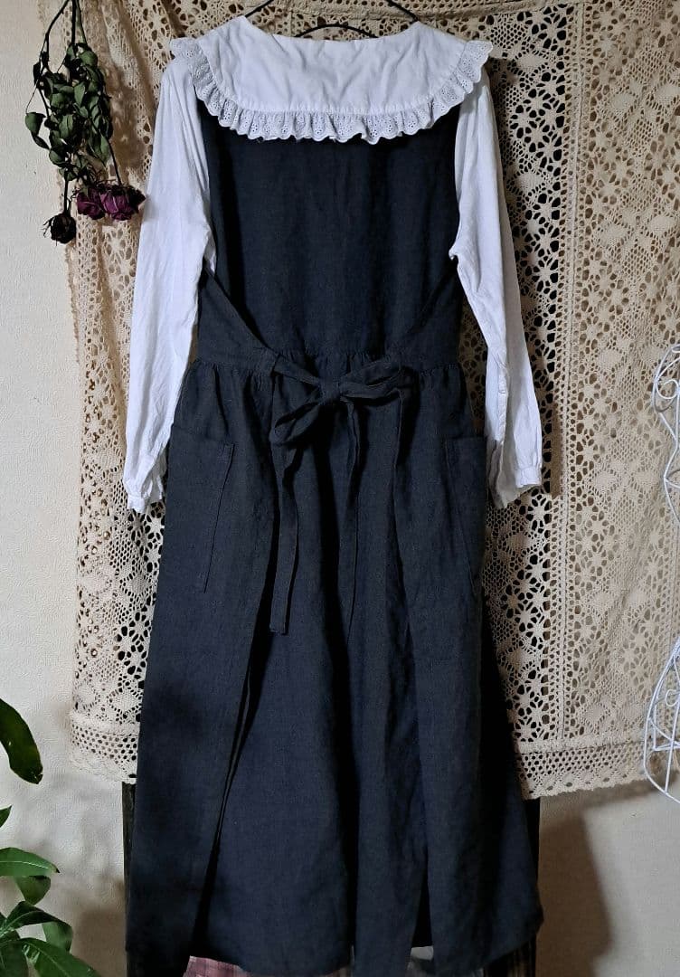 ハンドメイドフレンチリネン両サイド開きジャンスカ風ロングギャザエプロンドレス