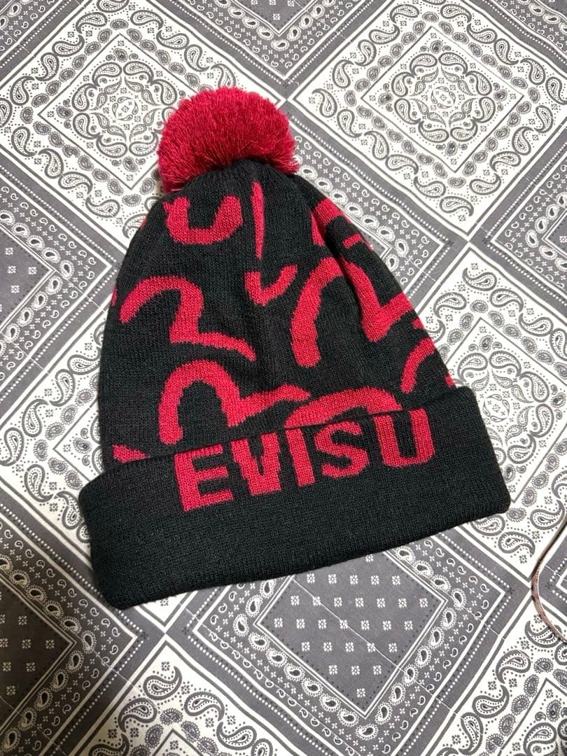 にっけんくん専用 EVISU ニット帽 ボンボン付き 赤黒 廃盤