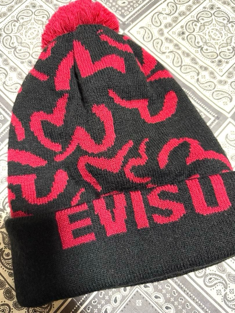 にっけんくん専用 EVISU ニット帽 ボンボン付き 赤黒 廃盤