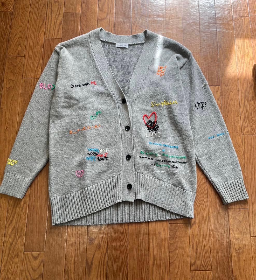 美品　MAISON SPECIALライフワードエンブロイダリーニットカーディガン