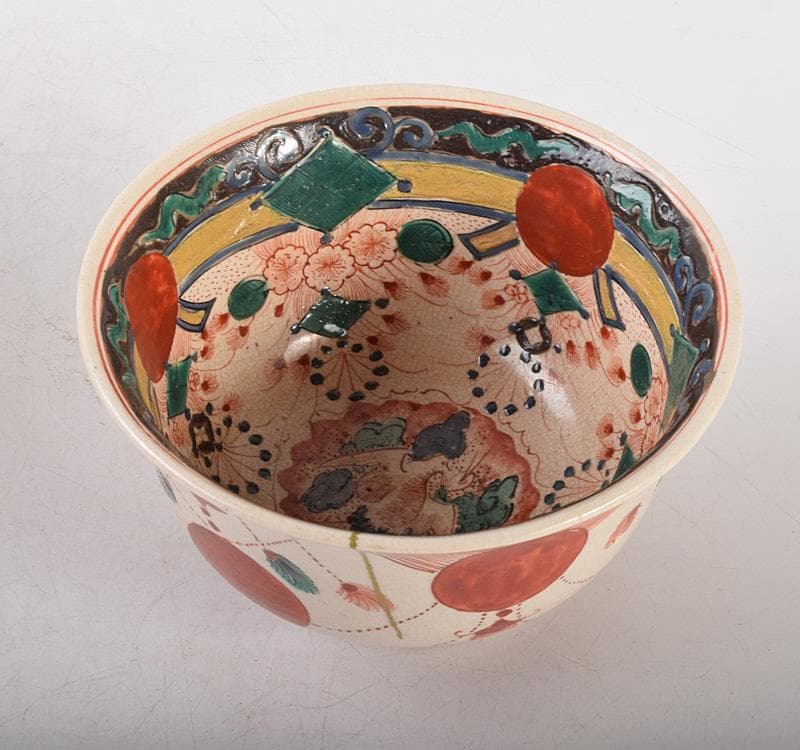 mercame　京焼　色絵赤丸文茶碗　鉢　江戸中期　時代箱　C　R5008