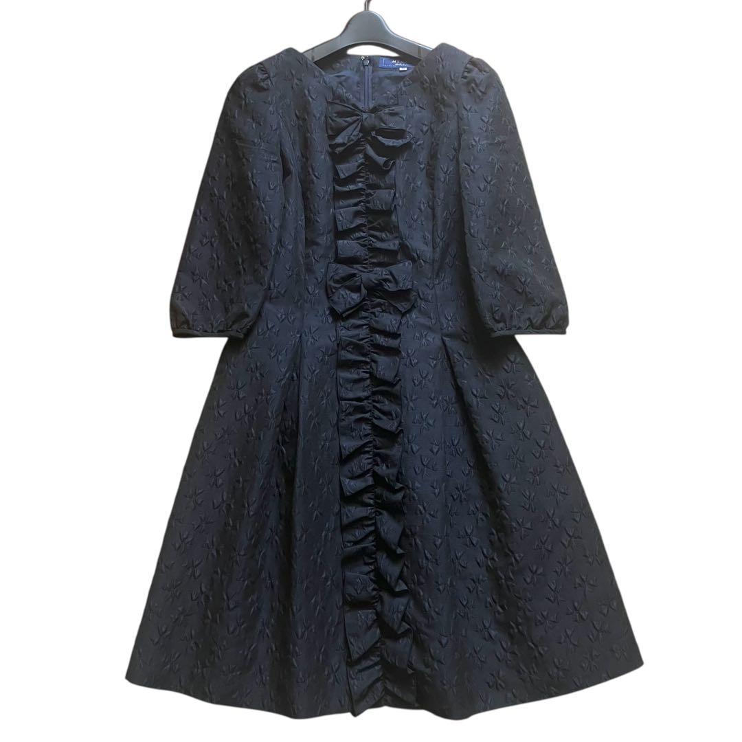 美品◆エムズグレイシー　ふくれジャガード　総花柄　リボン柄　フリルワンピース　紺
