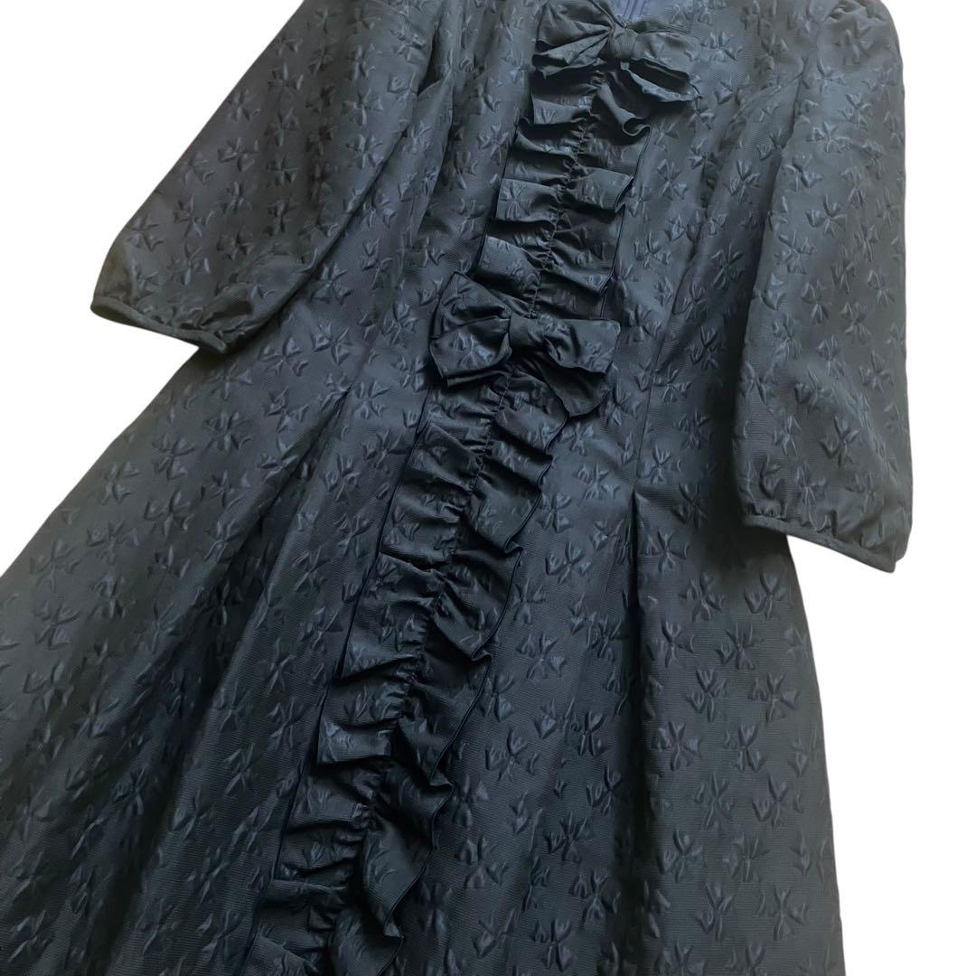 美品◆エムズグレイシー　ふくれジャガード　総花柄　リボン柄　フリルワンピース　紺