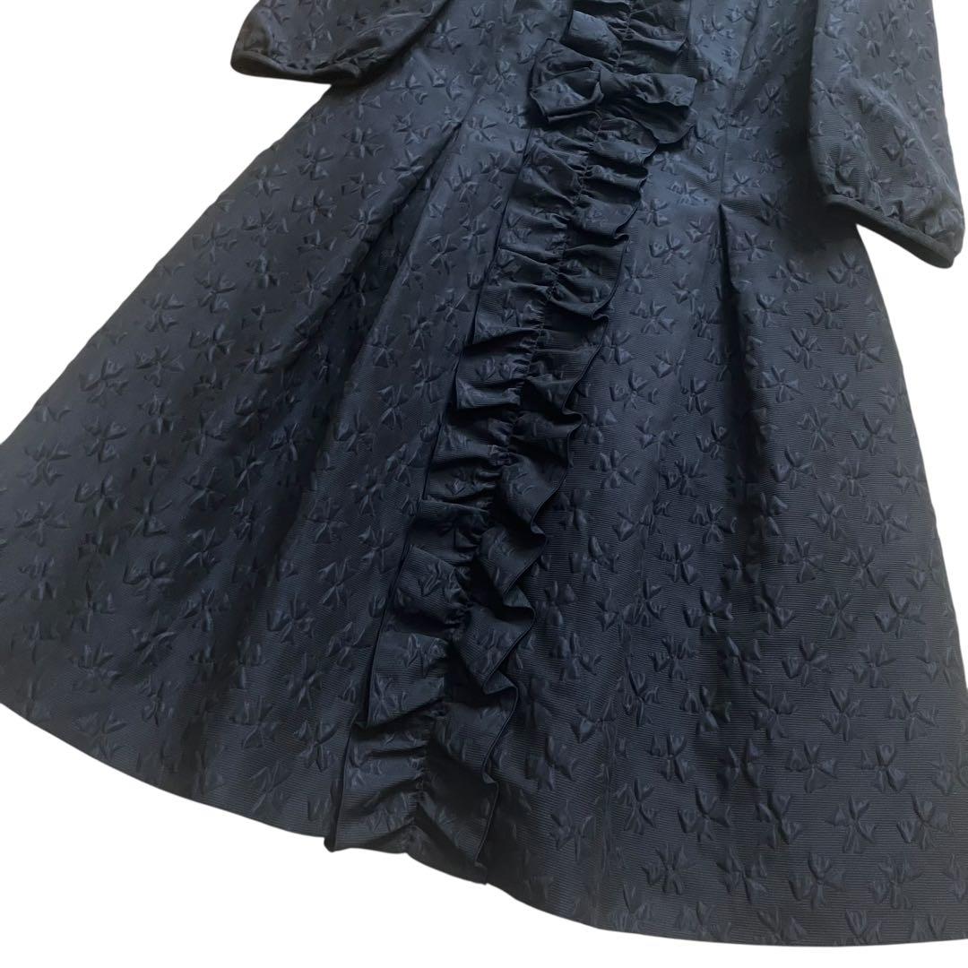 美品◆エムズグレイシー　ふくれジャガード　総花柄　リボン柄　フリルワンピース　紺