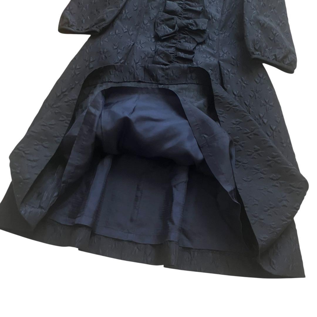 美品◆エムズグレイシー　ふくれジャガード　総花柄　リボン柄　フリルワンピース　紺