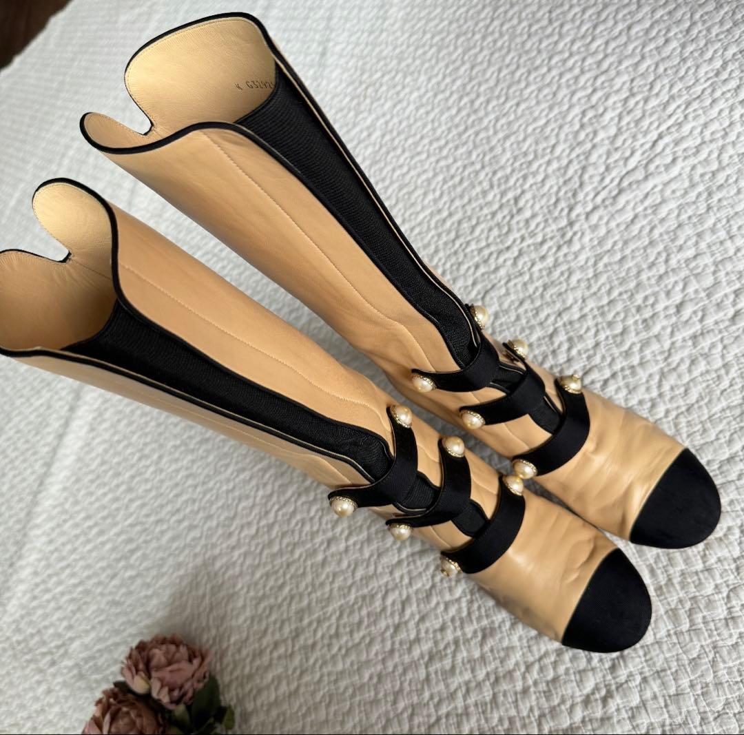 美品 シャネル ココマーク パールロングブーツ 黒 ベージュ24cm
