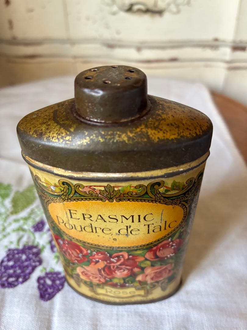 フランス　アンティーク　ティン缶　ローズ　パウダー　薔薇　1800年代　レア