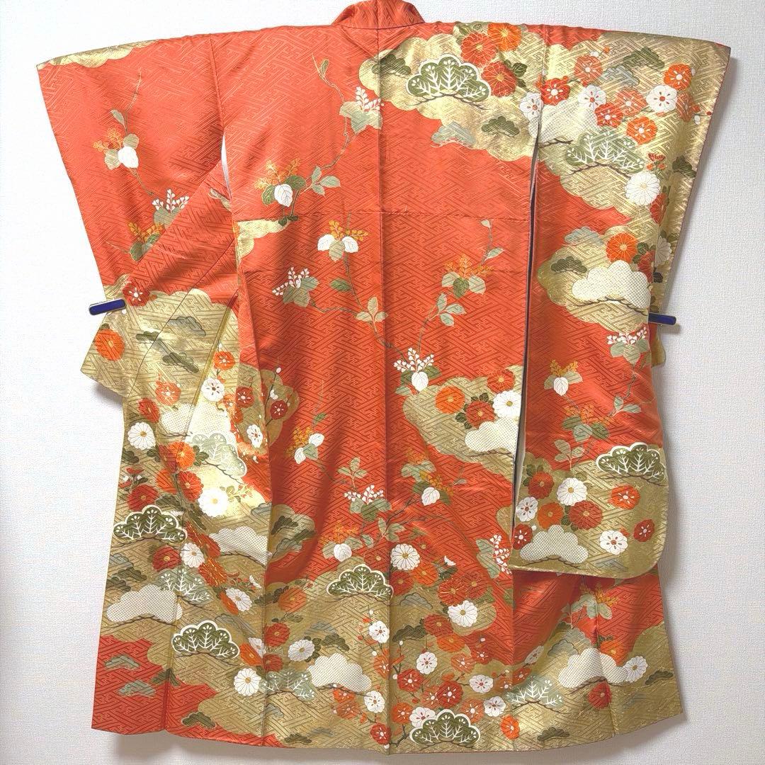22 振袖フルセット 正絹 朱赤 橙 オレンジ 金彩 駒刺繍 豪華 レトロ 古典