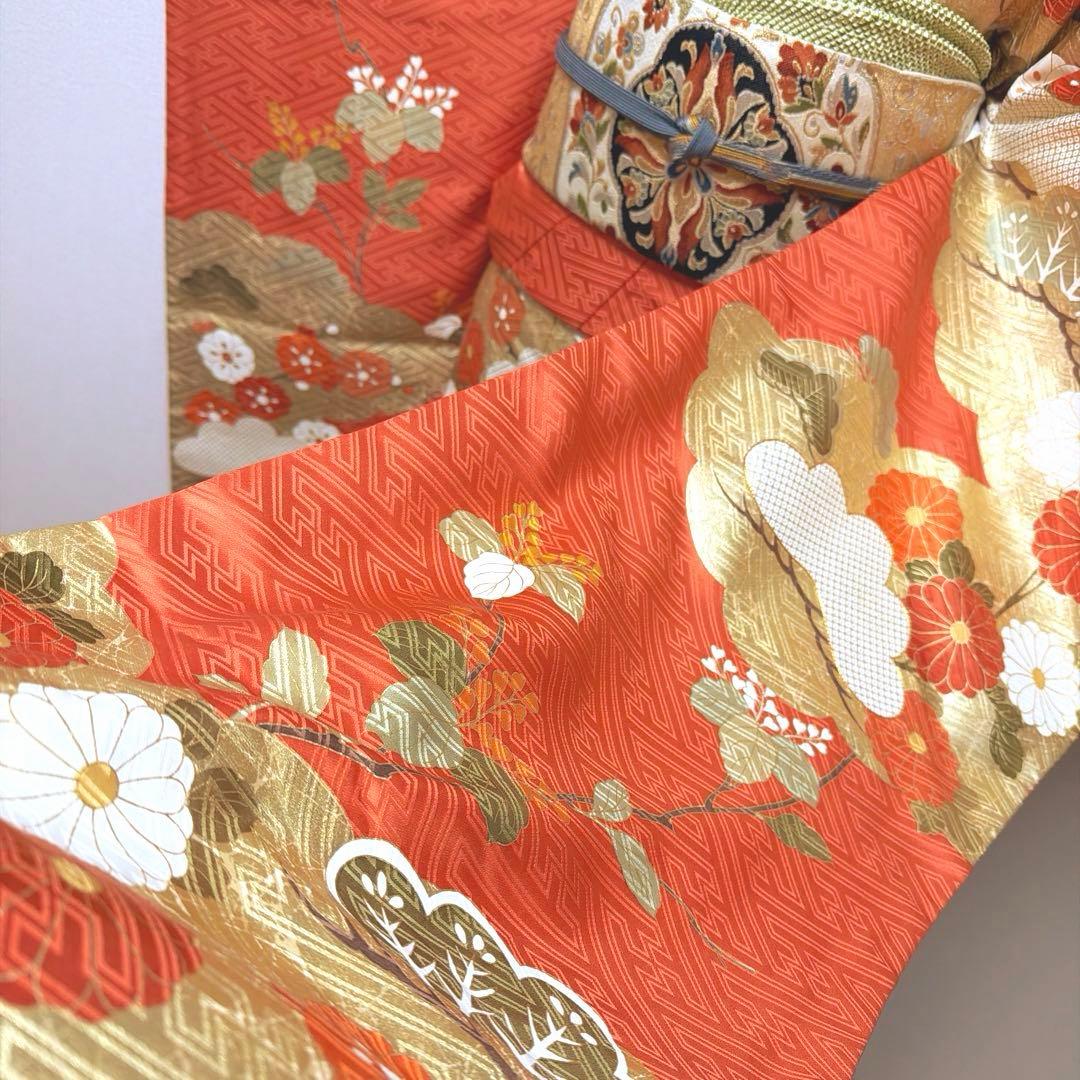 22 振袖フルセット 正絹 朱赤 橙 オレンジ 金彩 駒刺繍 豪華 レトロ 古典