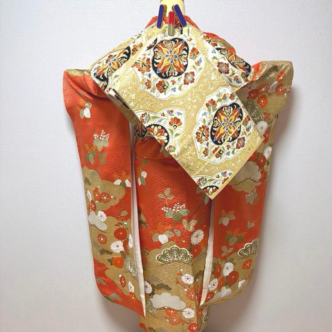 22 振袖フルセット 正絹 朱赤 橙 オレンジ 金彩 駒刺繍 豪華 レトロ 古典