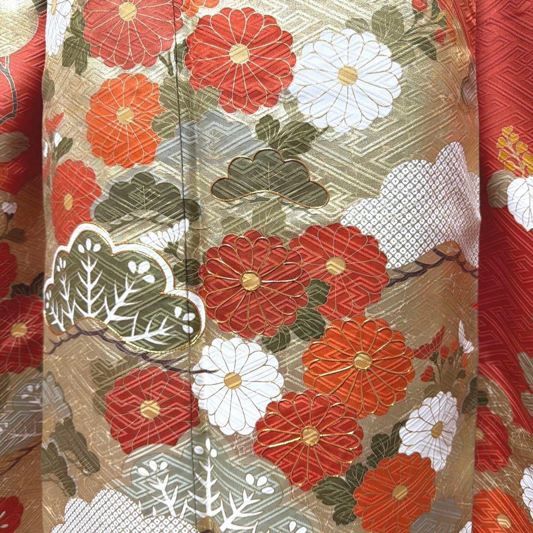 22 振袖フルセット 正絹 朱赤 橙 オレンジ 金彩 駒刺繍 豪華 レトロ 古典