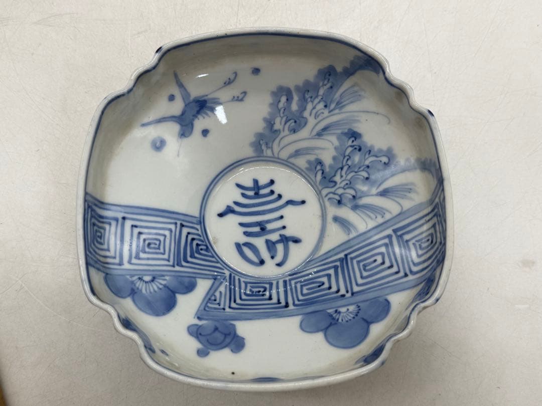 時代　染付　三つ鉢　寿　角鉢　送料込260127