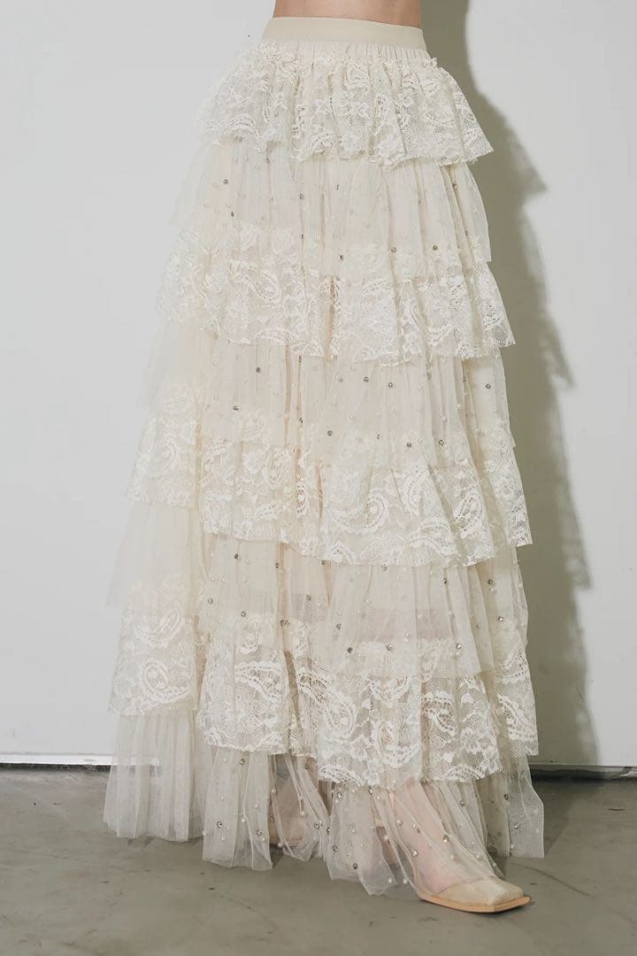 【新品未使用】ANDREA&Co. ビジューレースチュールスカート　ベージュ
