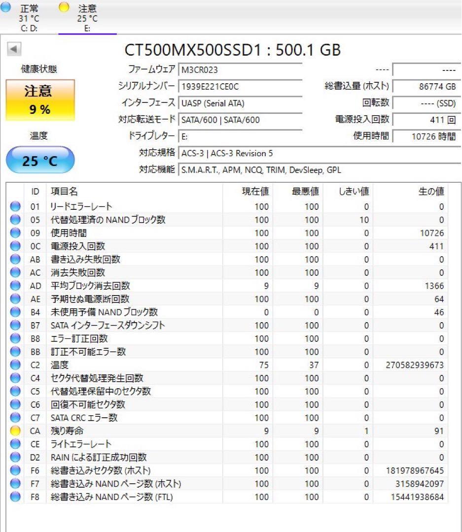 T*n様 crucial MX500 500GB 2.5インチSSD ②