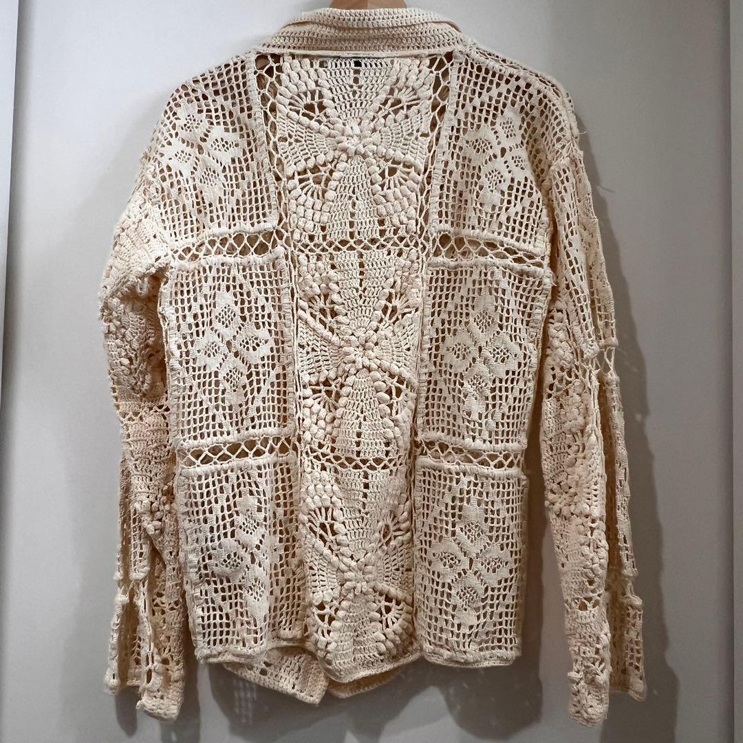 【美品】ZARA パッチワーク クロシェ ニット ポロ カーディガン ベージュ