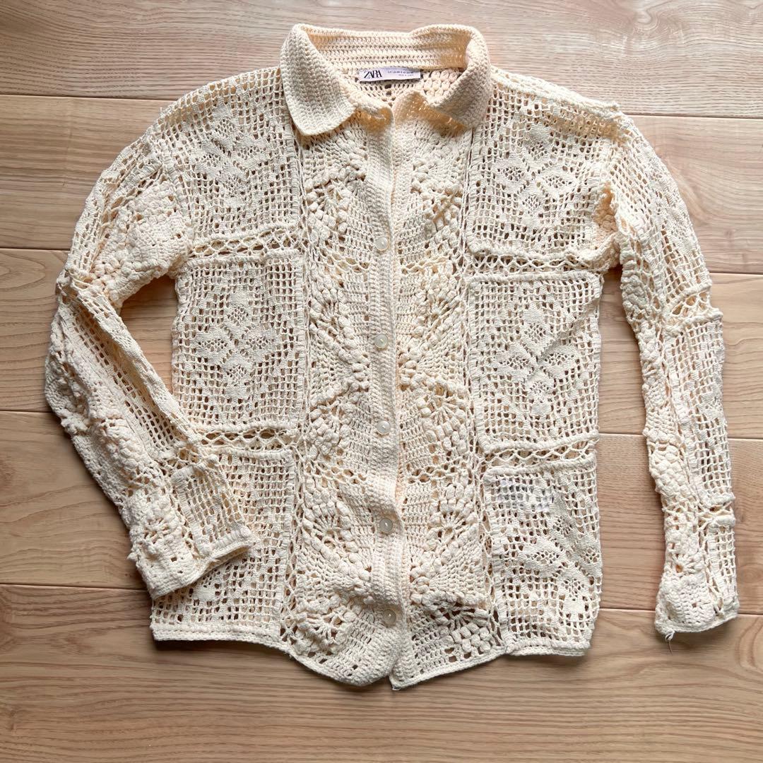【美品】ZARA パッチワーク クロシェ ニット ポロ カーディガン ベージュ