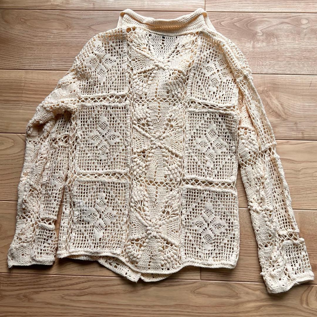 【美品】ZARA パッチワーク クロシェ ニット ポロ カーディガン ベージュ