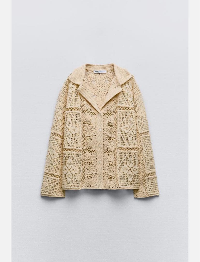 【美品】ZARA パッチワーク クロシェ ニット ポロ カーディガン ベージュ