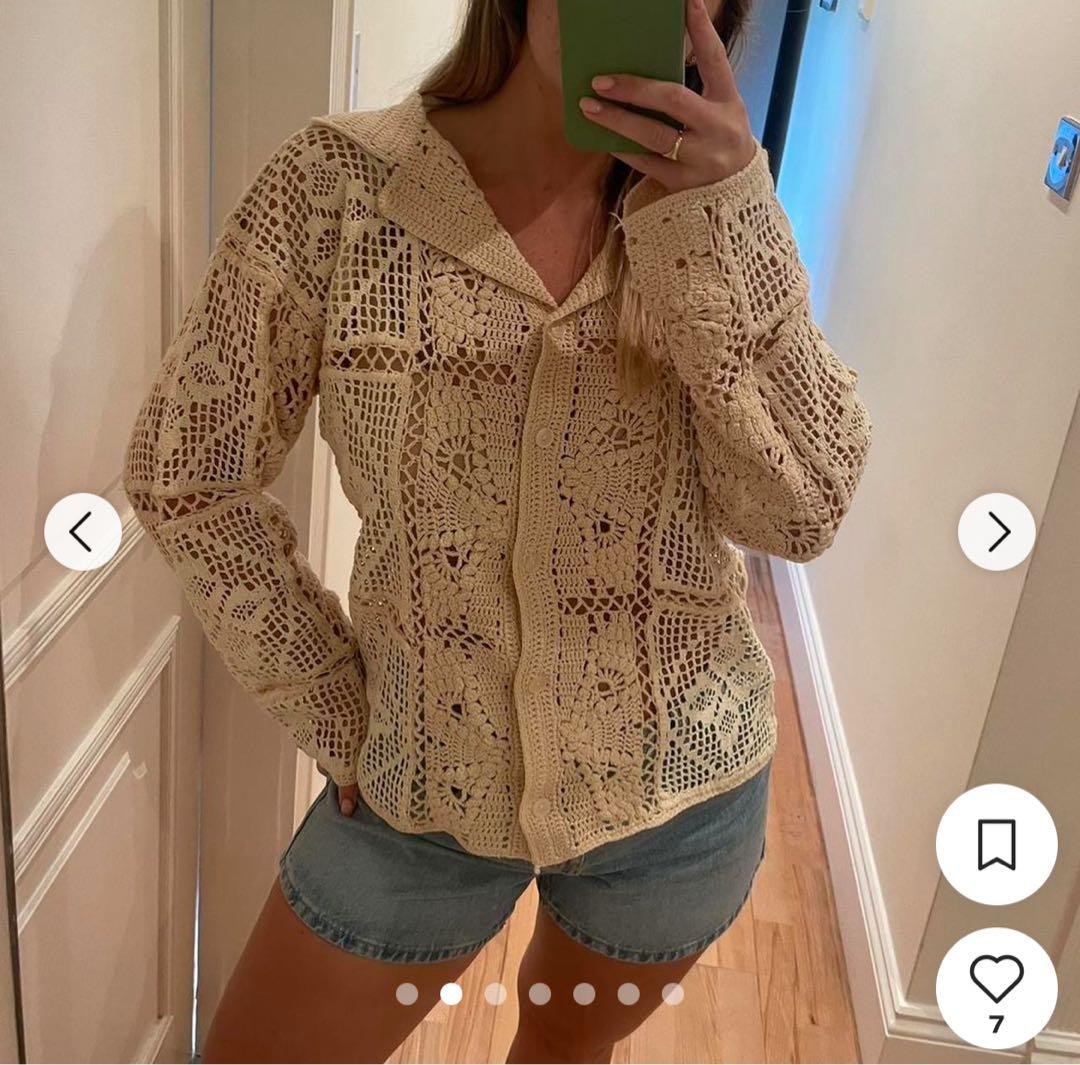 【美品】ZARA パッチワーク クロシェ ニット ポロ カーディガン ベージュ