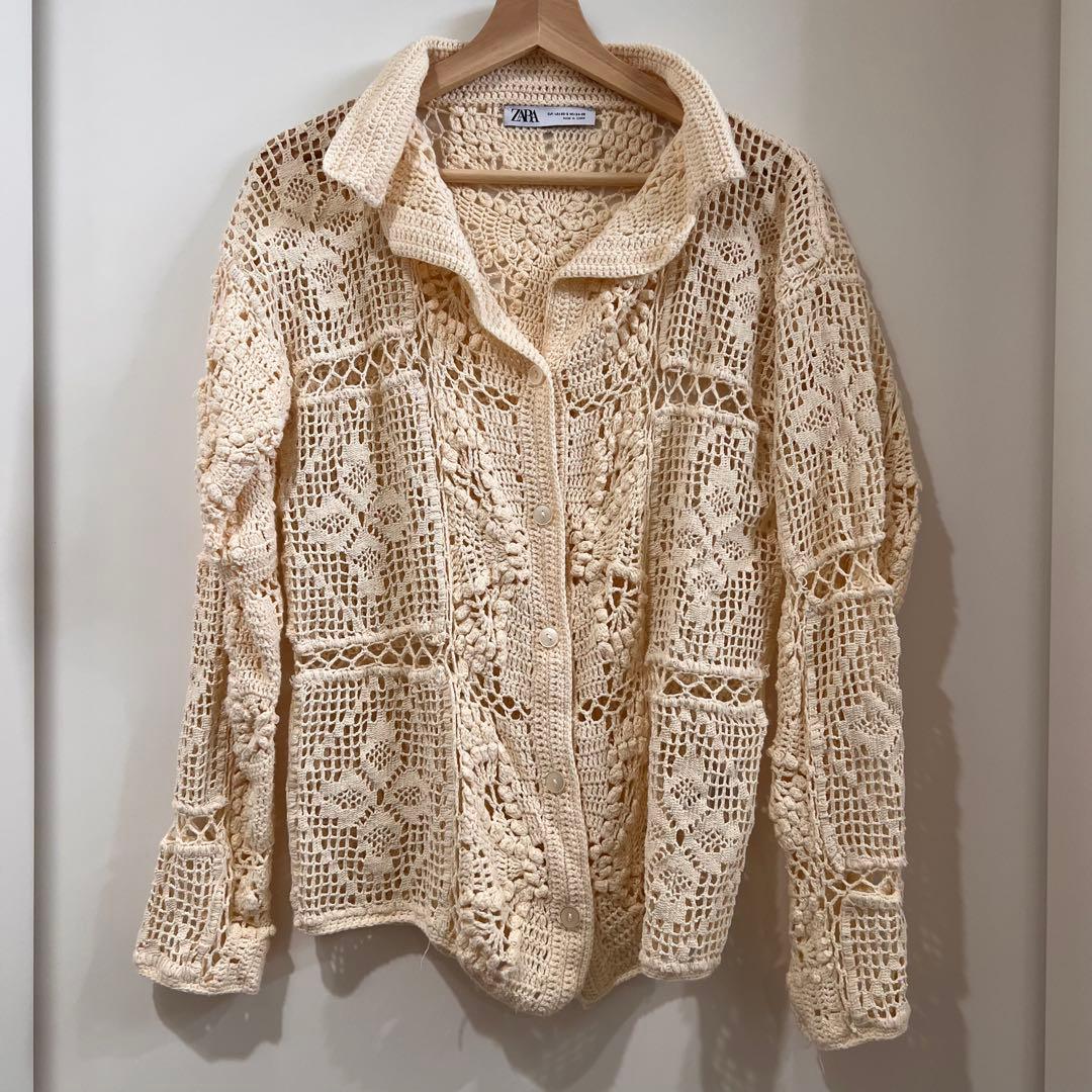【美品】ZARA パッチワーク クロシェ ニット ポロ カーディガン ベージュ