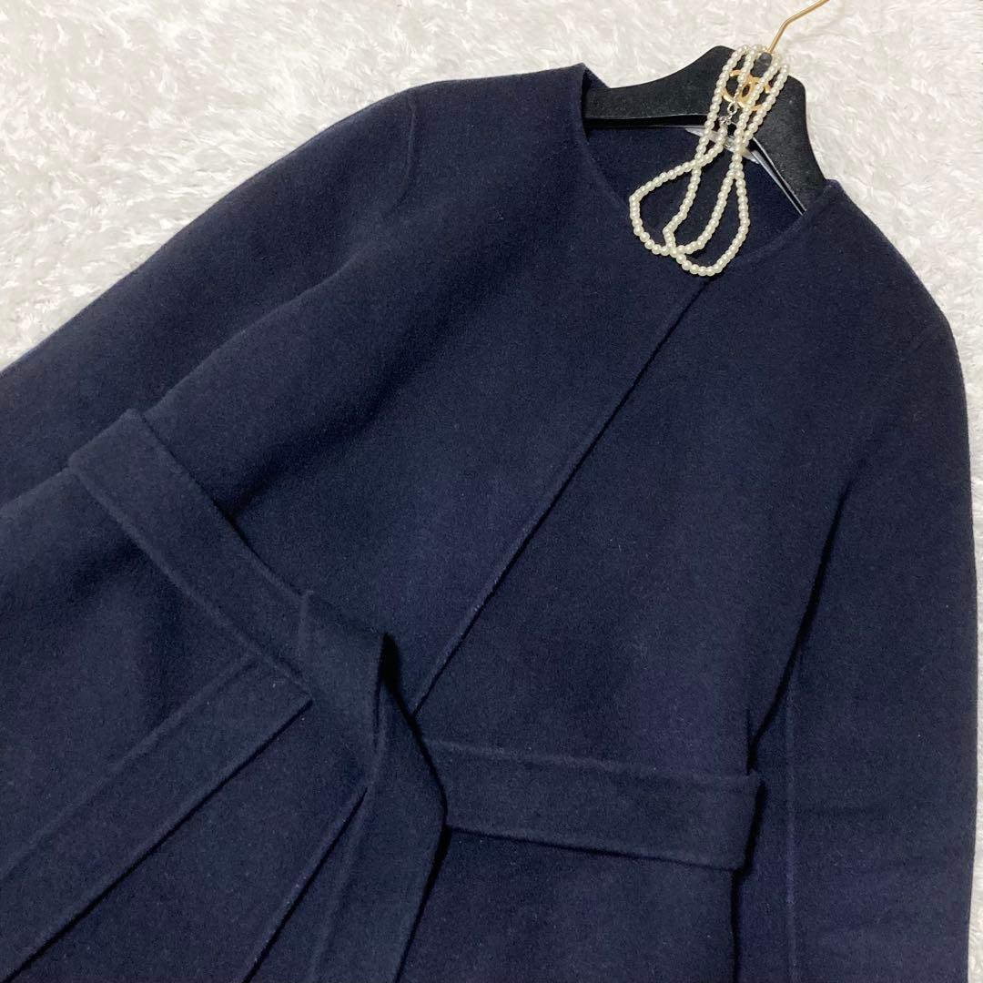 現行タグ♡ ANAYI ウールノーカラーコート ベルト付き ダークネイビー 34