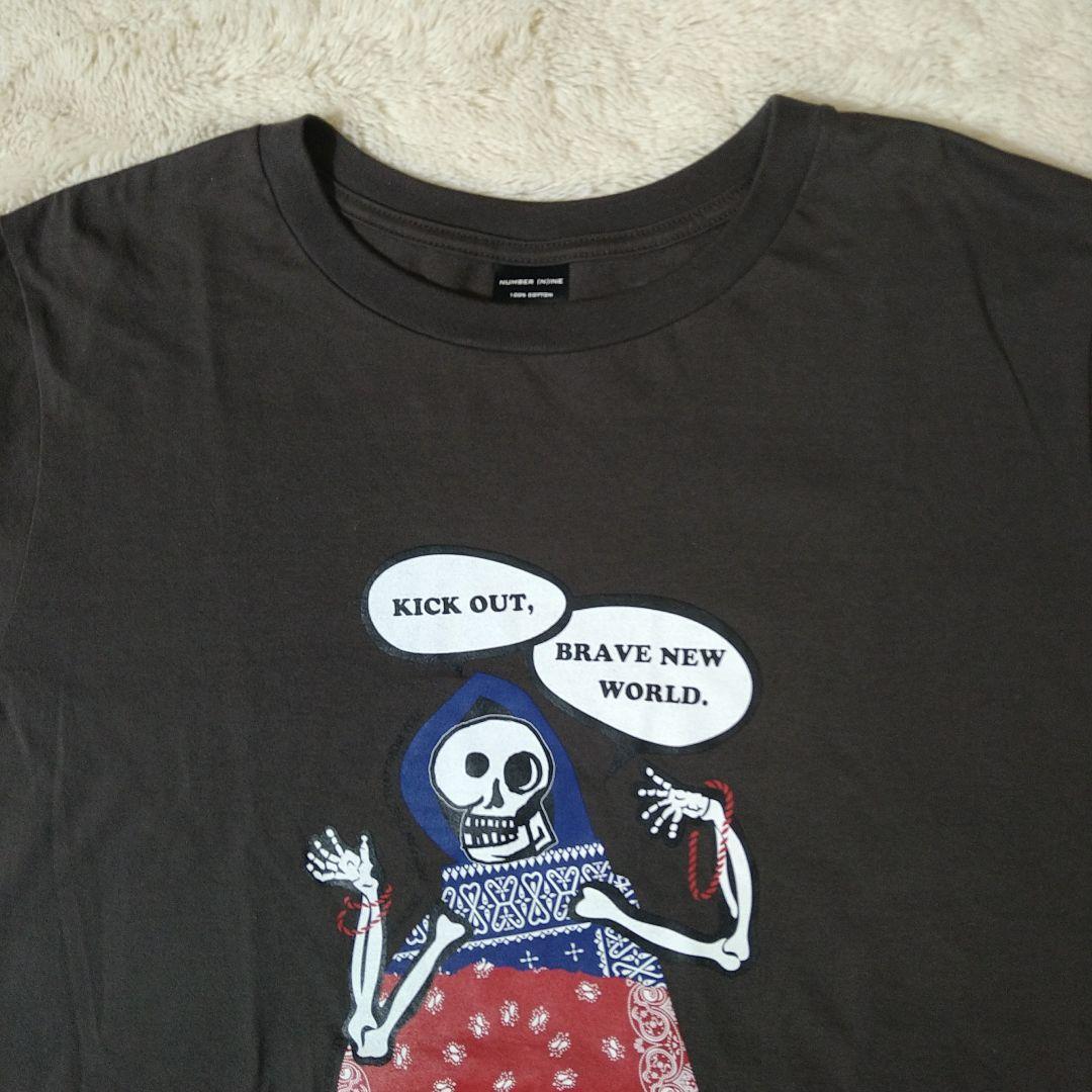 ナンバーナイン 骸骨スカルプリント Tシャツ ダークグレー 半袖 L