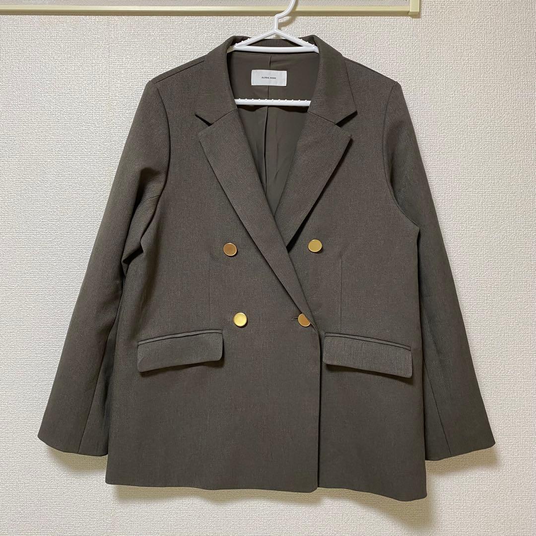 GLOBAL WORK グレイッシュモカ ダブルブレストジャケット L 金ボタン