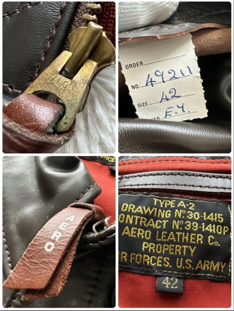 AERO LEATHER TYPE A-2ダークブラウン赤リブ赤ライトニング42