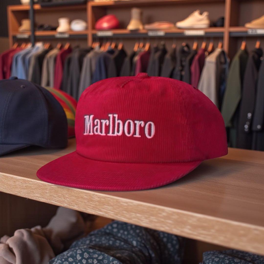 Marlboro CAPマルボロ コーデュロイキャップ刺繍ロゴ 赤 アイレット