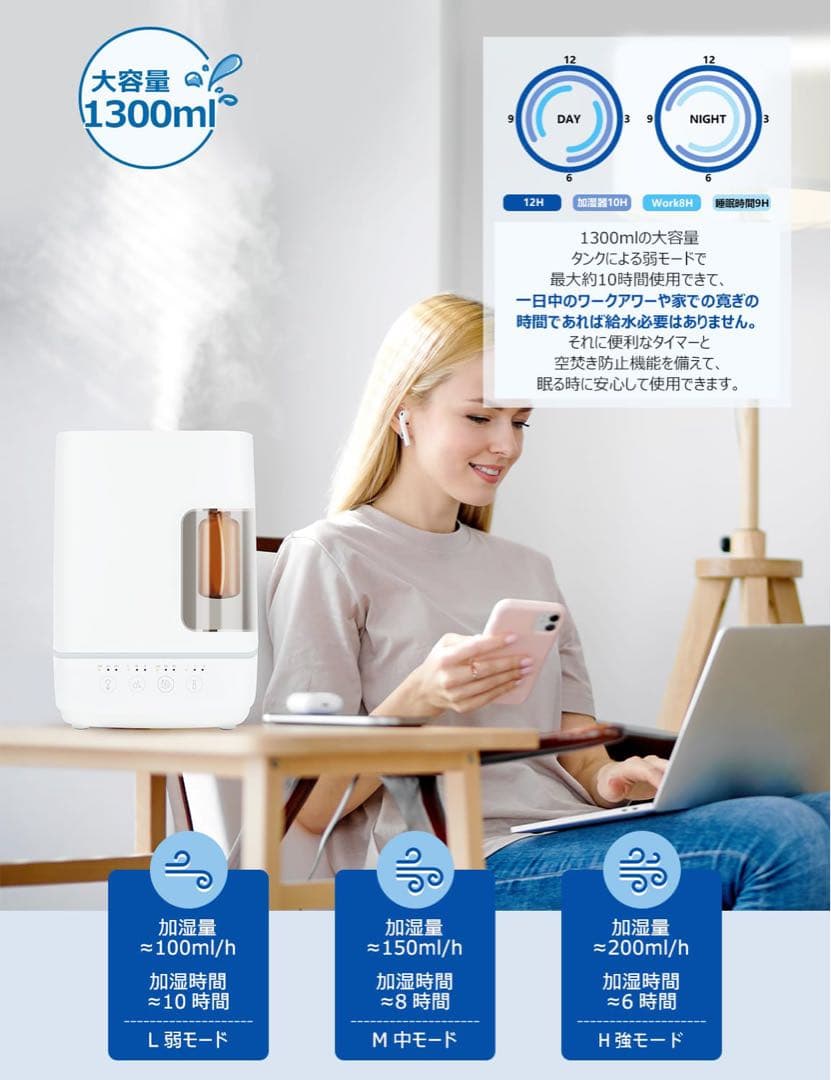 64★加湿器 超音波式加湿器プラスネブライザー式アロマディフューザー2in1
