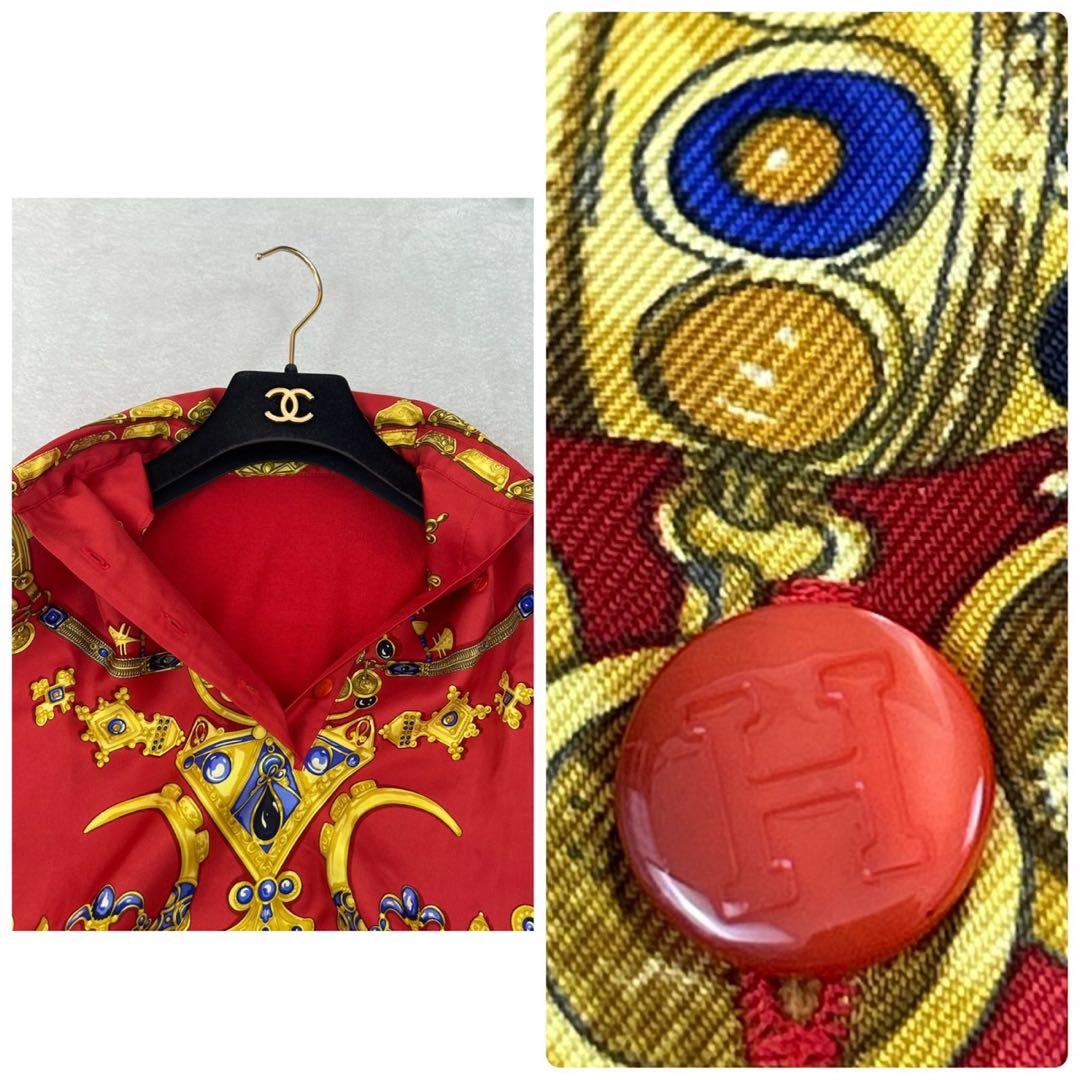 K310 美品 エルメス M ポロシャツ スカーフ柄 ロゴボタン レディース
