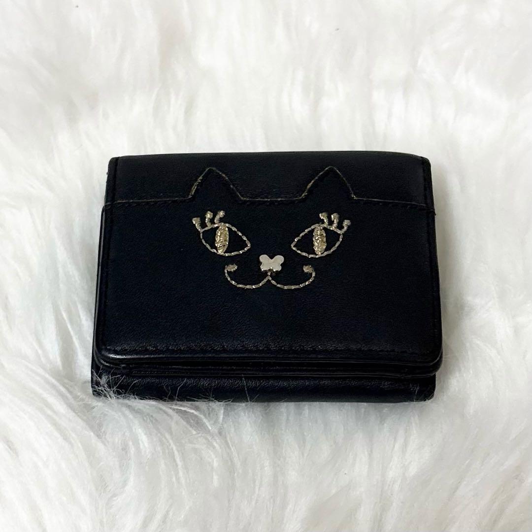 【極美品】ANNA SUI レザー 三つ折り財布 がま口 裏地総柄 ロゴ 黒