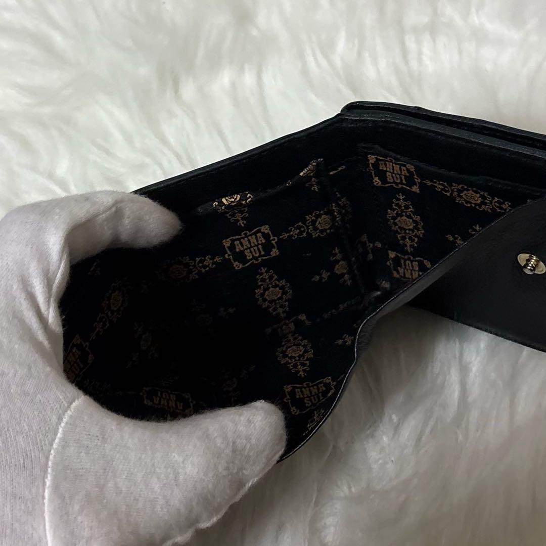 【極美品】ANNA SUI レザー 三つ折り財布 がま口 裏地総柄 ロゴ 黒