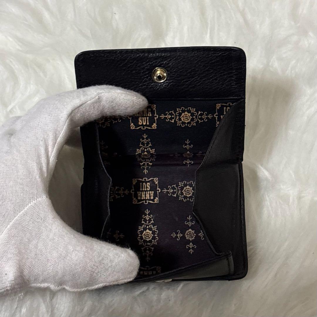 【極美品】ANNA SUI レザー 三つ折り財布 がま口 裏地総柄 ロゴ 黒
