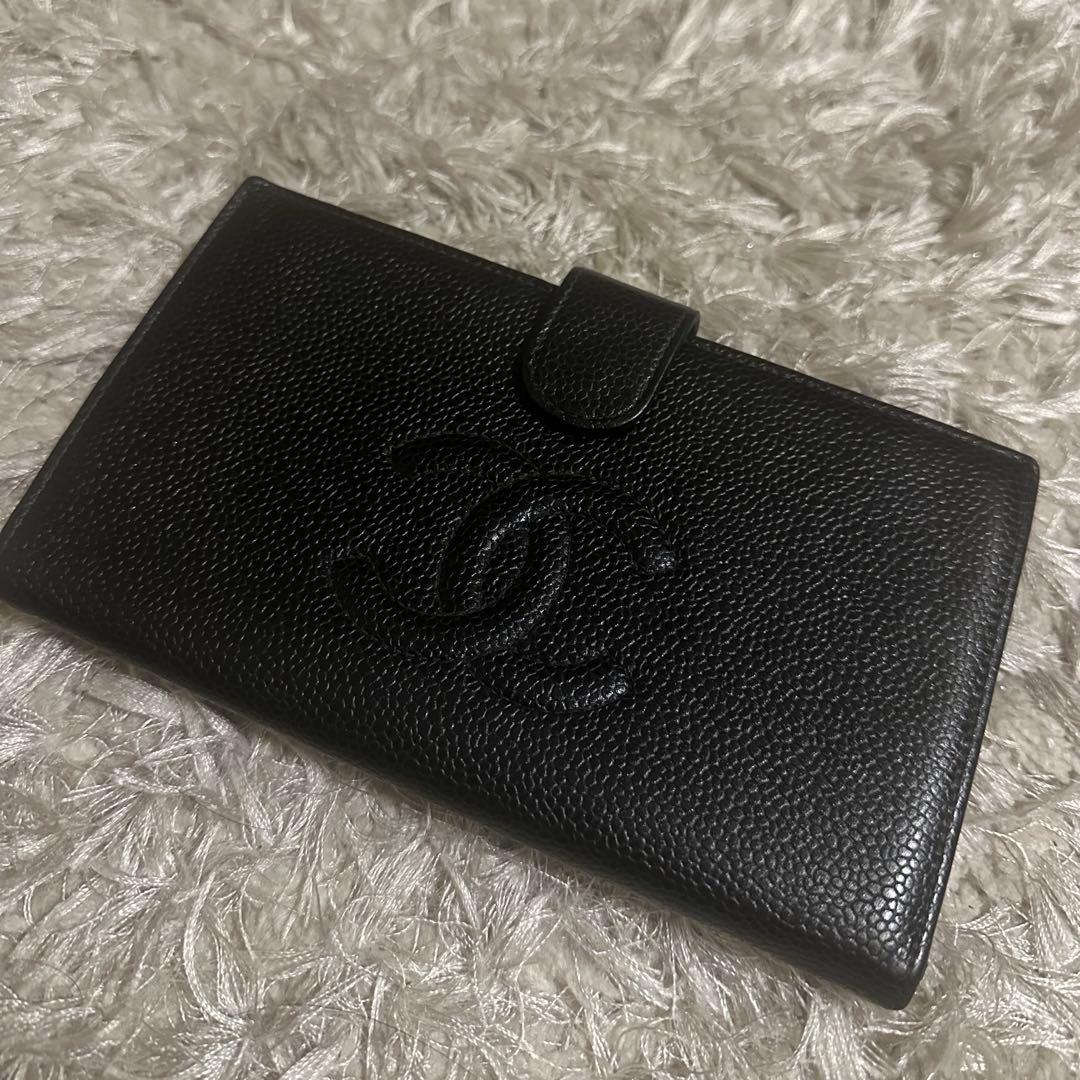 CHANEL キャビアスキン がま口 2つ折り シャネル ブラック