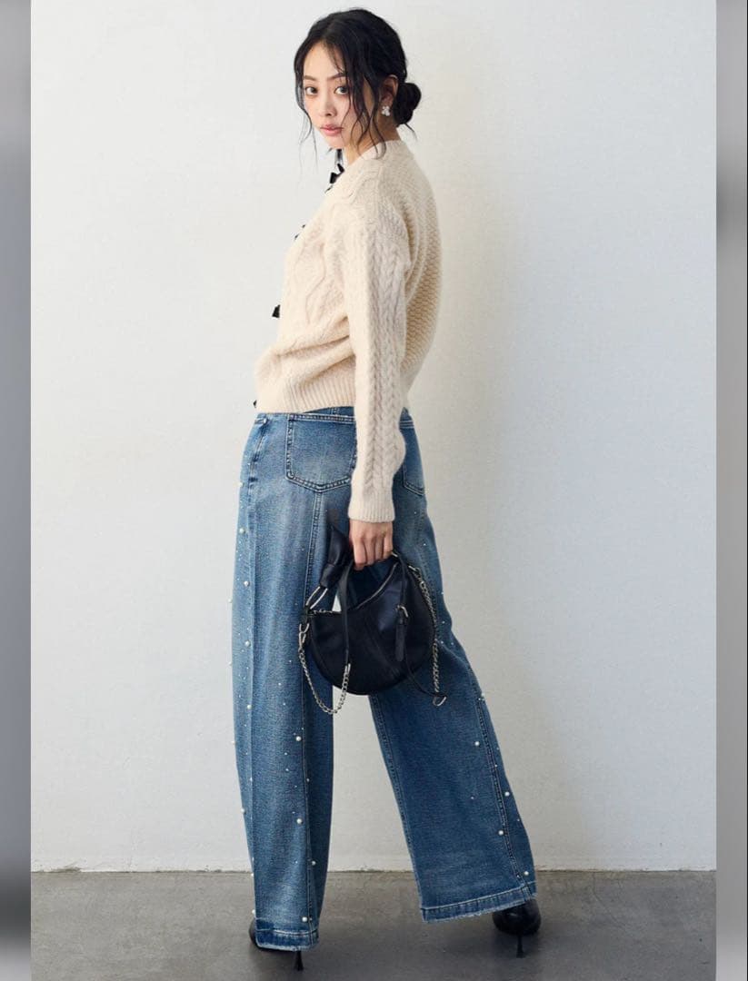 【新品】パールラインストーンハイウエストデニム/Lサイズ　frene 同型