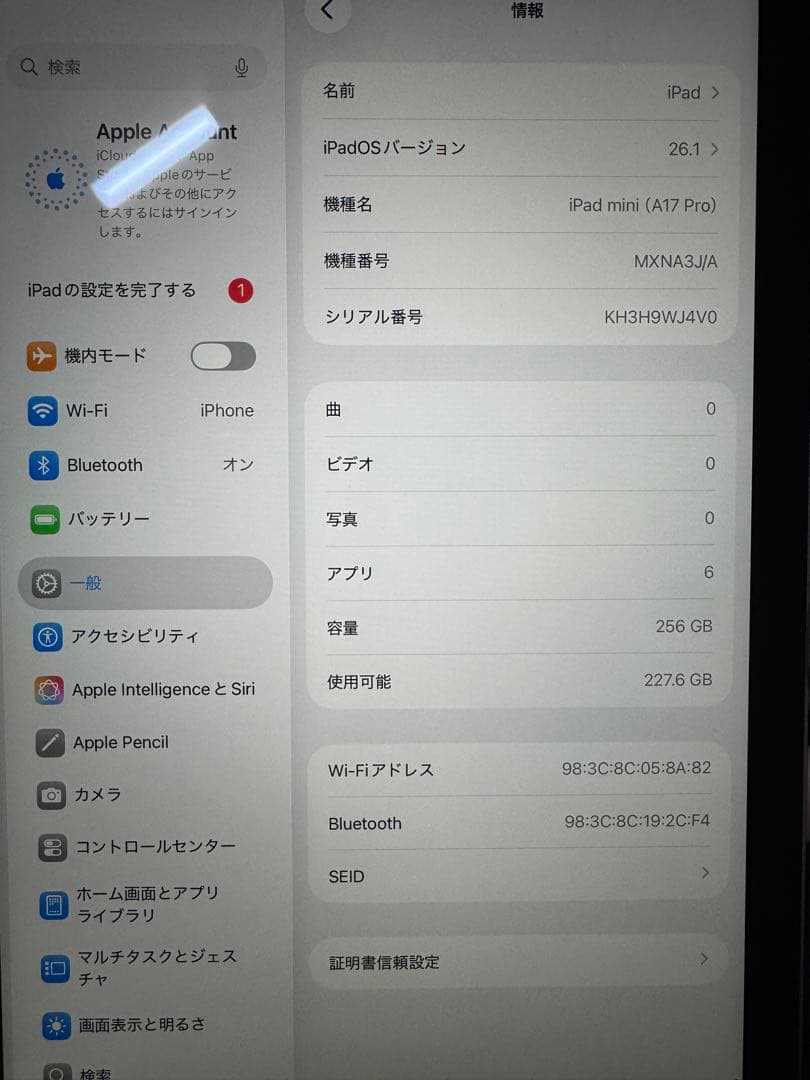 iPad mini Wi-Fiモデル　第7世代(A17Pro) 256GB-