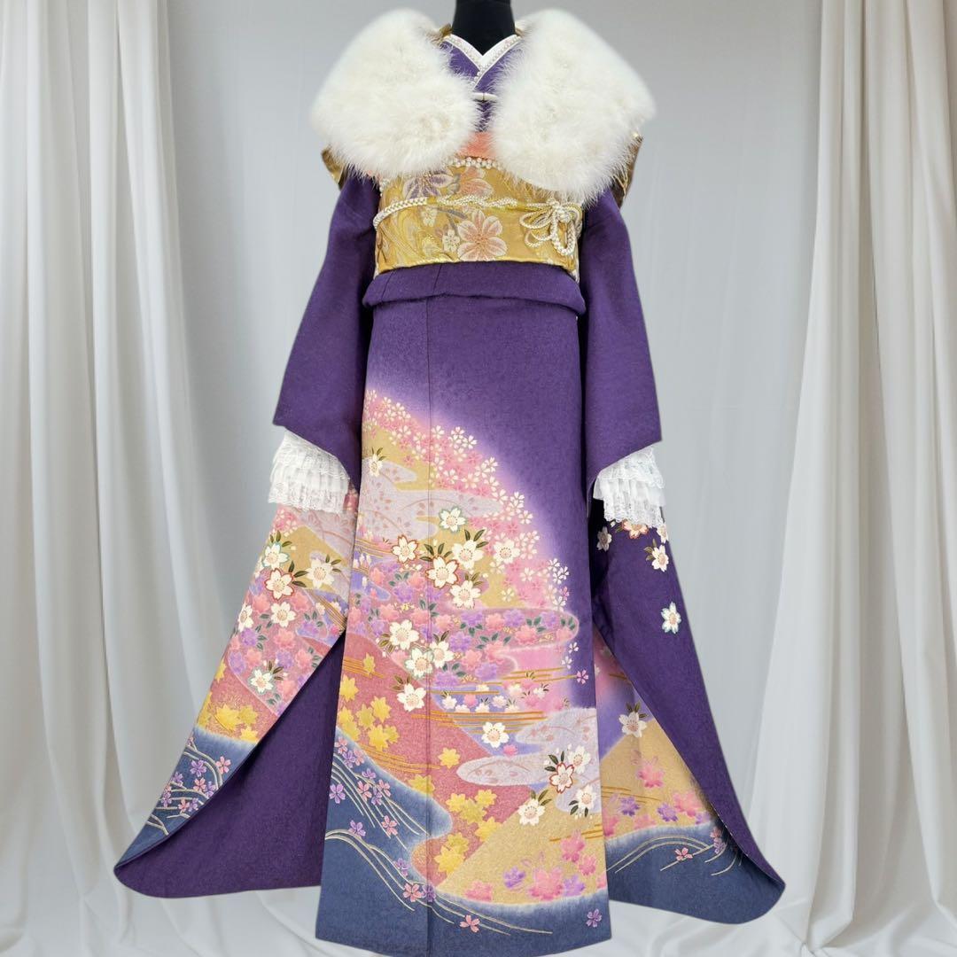 逸品 振袖7点フルセット 京都きもの友禅　桜紋様　成人式　卒業式　結婚式　正絹