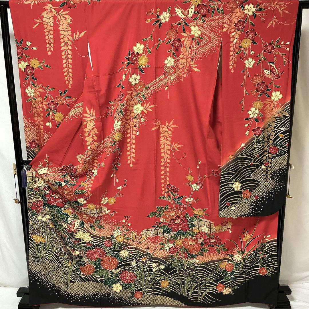 b758 正絹　振袖　紅型　金彩ラメ　トールサイズ　着物