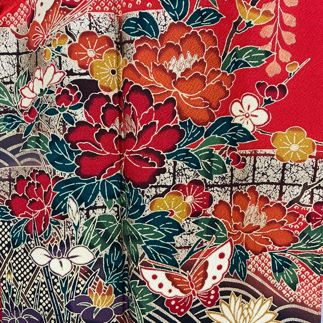 b758 正絹　振袖　紅型　金彩ラメ　トールサイズ　着物