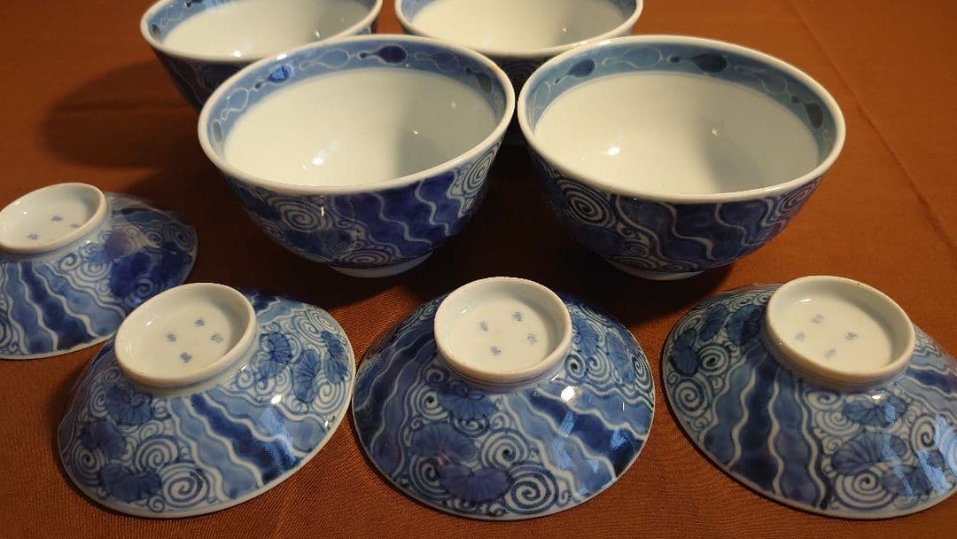 古伊万里　伊万里　染付　蓋碗　江戸期　富貴長春　蔵出し　4客