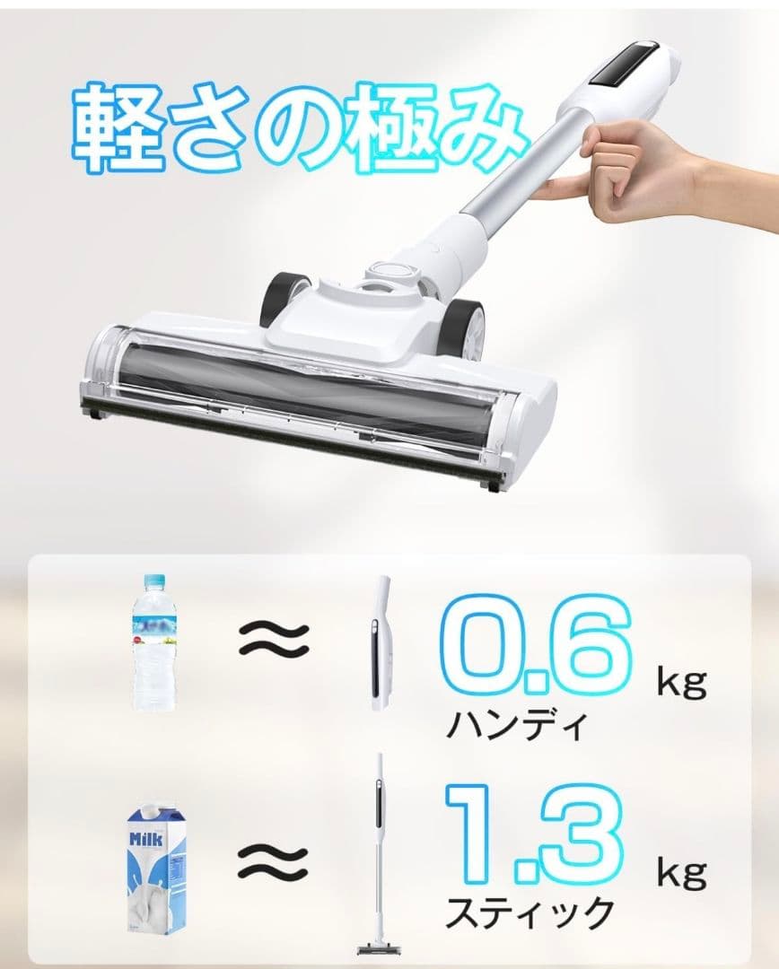 掃除機 コードレス 55KPa超強力吸引 自立式 LEDライト 超軽量 白